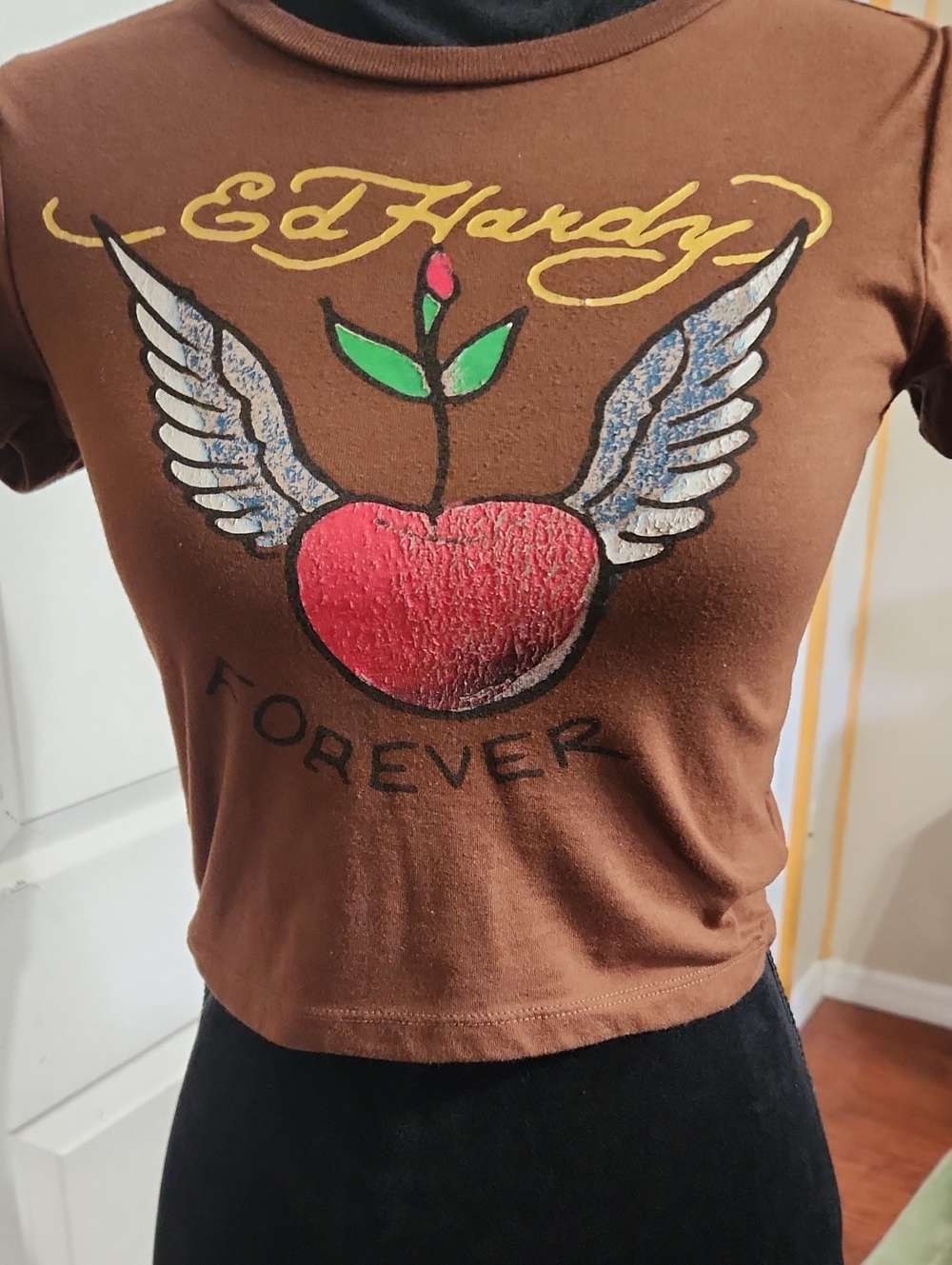 Ed Hardy Brown Crop Top with Red Winged Heart "Forever"